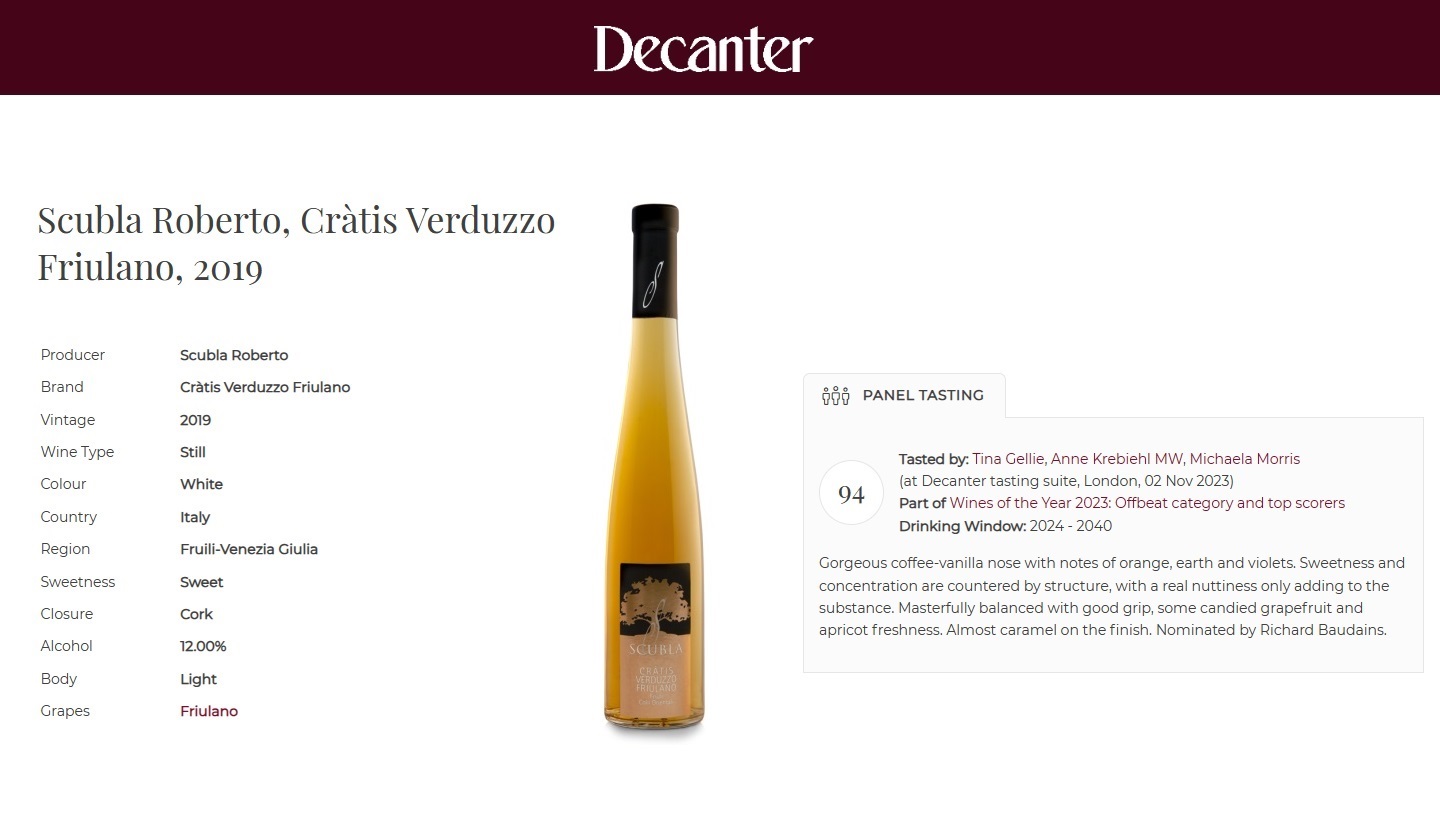 Decanter - Vini dell'anno 2023 - Verduzzo Friulano "Cràtis" DOC FCO 2019 - Azienda Agricola Scubla Roberto